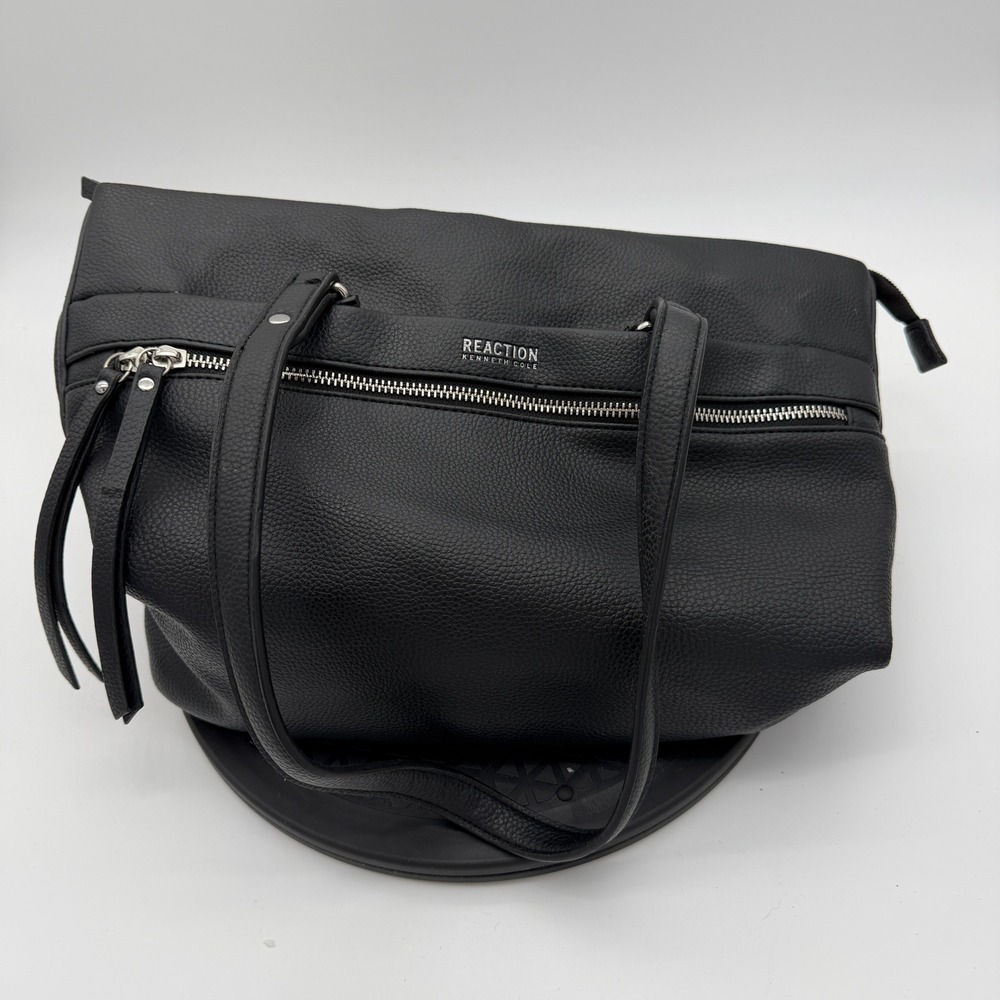 Kenneth Cole Reaction Black Pebbled Faux Leather Tote Shoulder Bag Zip Top